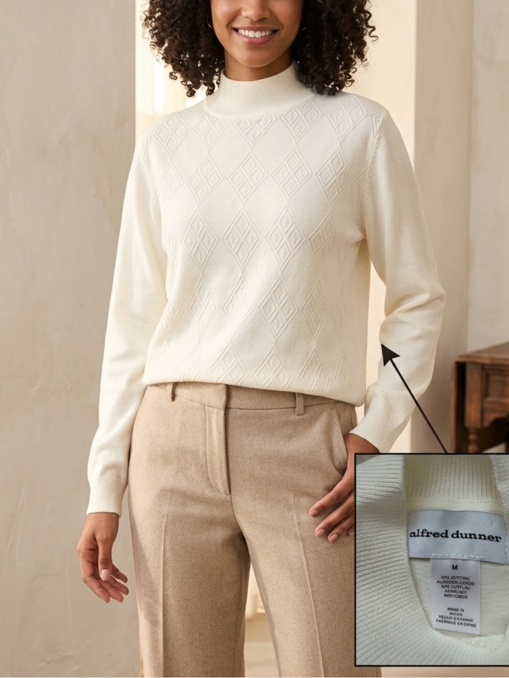 Alfred Dunner Ivory Diamond-Pattern Mock Neck Sweater - M